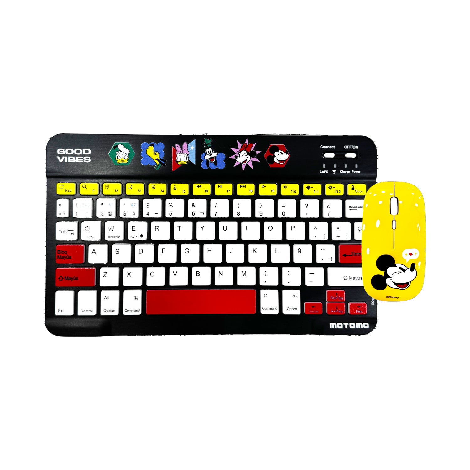 KIT INALÁMBRICO MOTOMO TECLADO Y MOUSE MICKEY GOOD VIBES BLUETOOTH NEGRO Y AMARILLO - 1