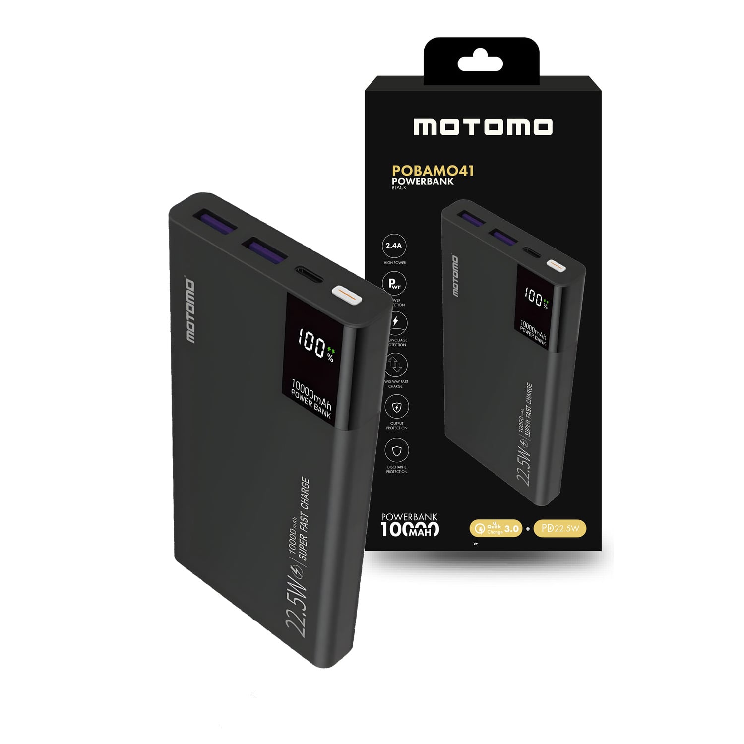 POWER BANK POBAMO41 MOTOMO, 10,000MAH CON PROTECCIÓN INTELIGENTE, COLOR NEGRO - 1