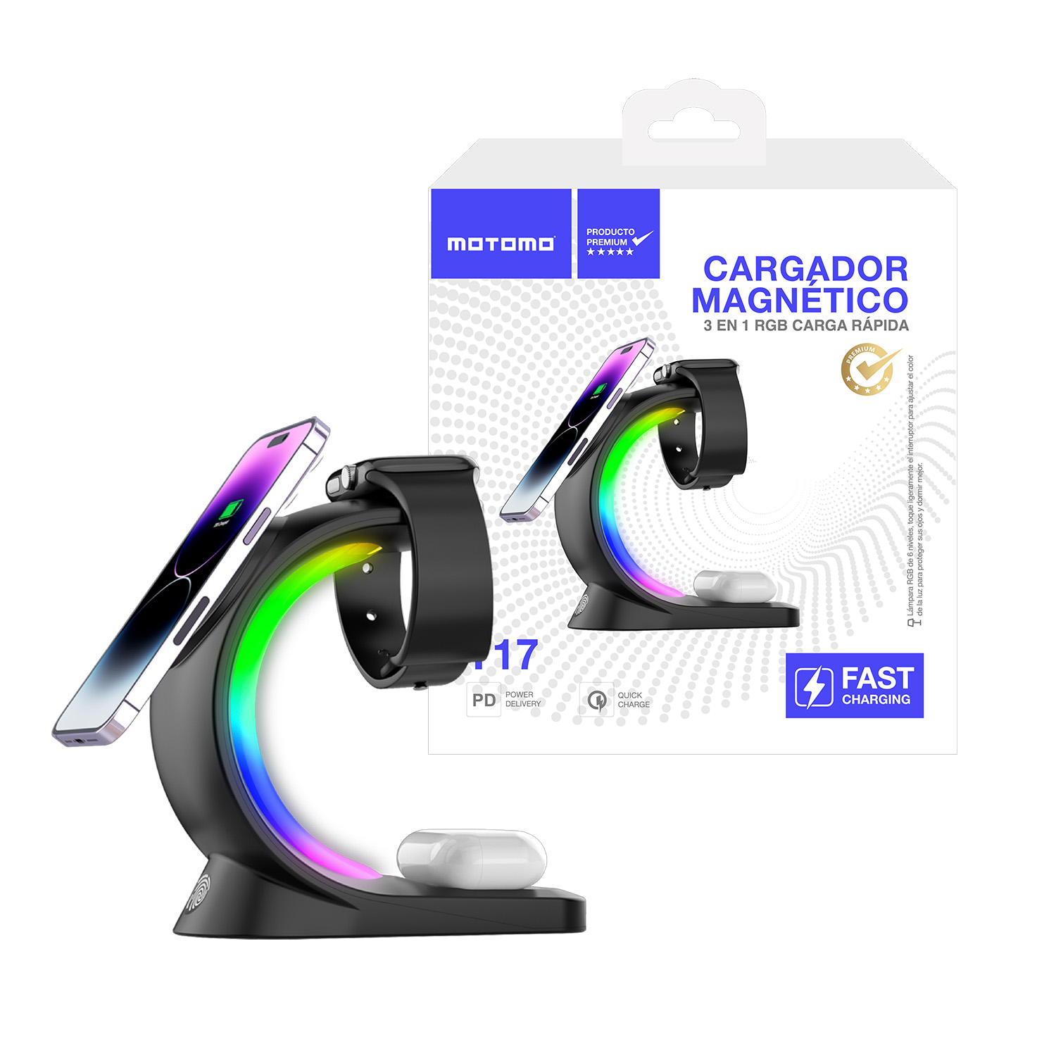 MOTOMO STAND DE CARGA INALÁMBRICA MOTOMO T17, 15W, 3 EN 1