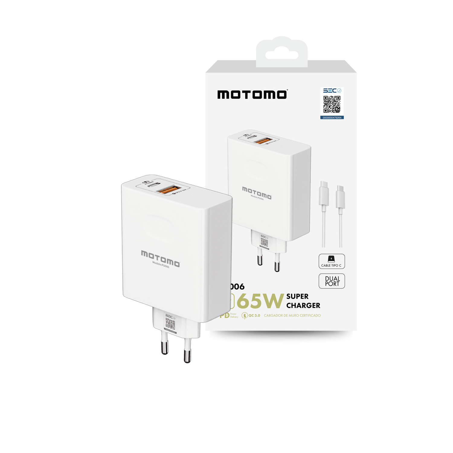 CARGADOR INTELIGENTE MOTOMO, PUERTOS USB Y TIPO-C, 65W, INCLUYE CABLE TIPO-C A TIPO-C, COLOR BLANCO - 1
