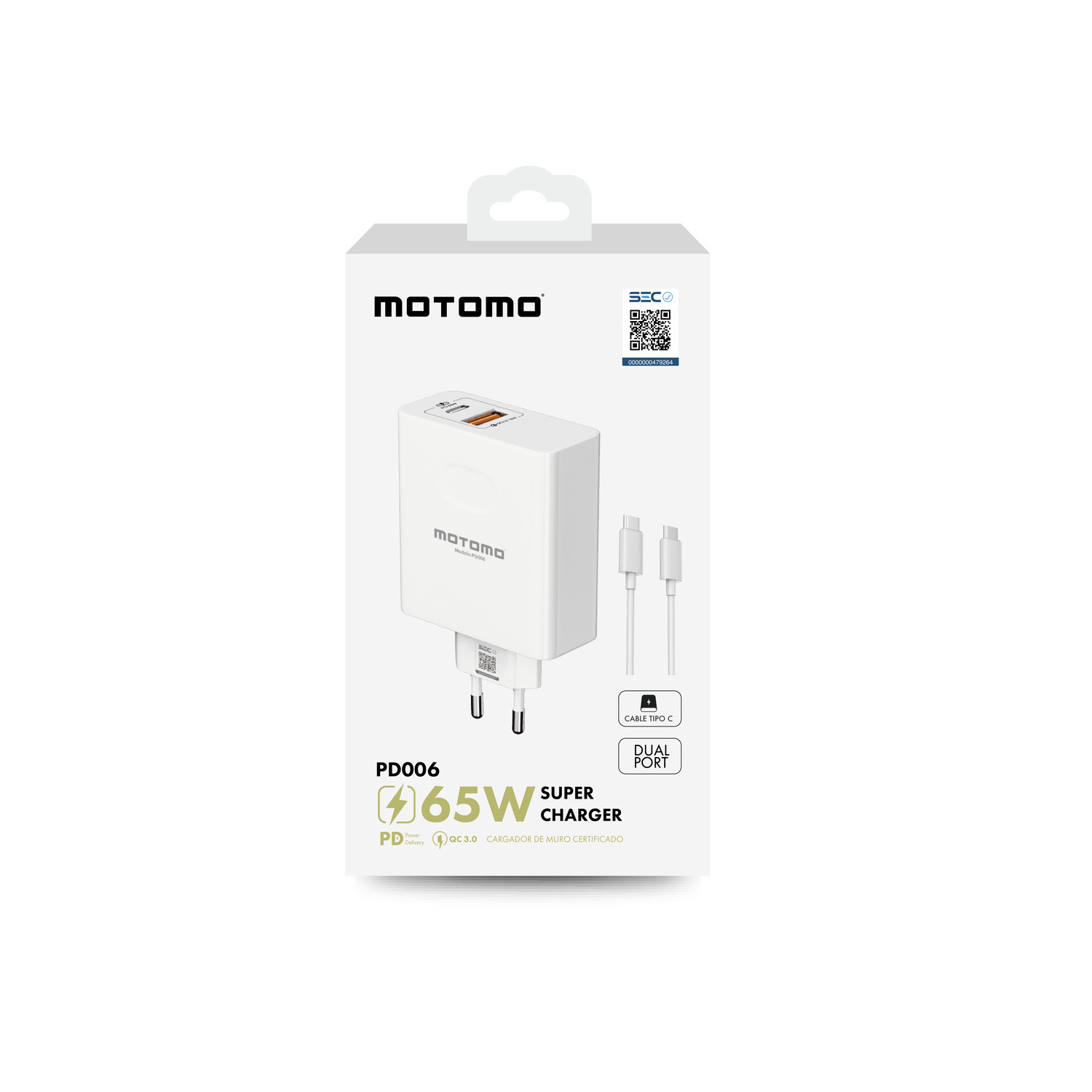 CARGADOR INTELIGENTE MOTOMO, PUERTOS USB Y TIPO-C, 65W, INCLUYE CABLE TIPO-C A TIPO-C, COLOR BLANCO - 4