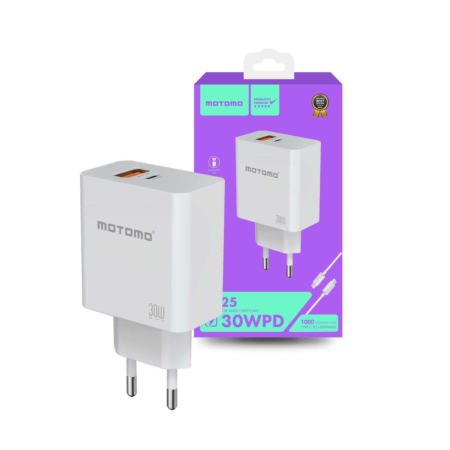 MOTOMO CARGADOR MOTOMO CR25, CONECTOR USB-A Y USB-C, INCLUYE CABLE USB-C A LIGHTNING, 30W, COLOR BLANCO