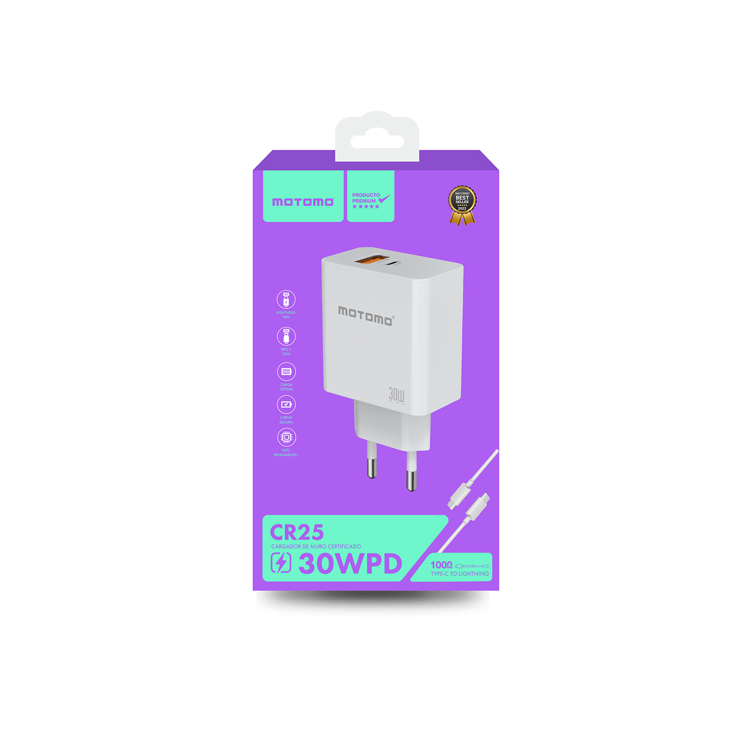 CARGADOR MOTOMO CR25, CONECTOR USB-A Y USB-C, INCLUYE CABLE USB-C A LIGHTNING, 30W, COLOR BLANCO - 4