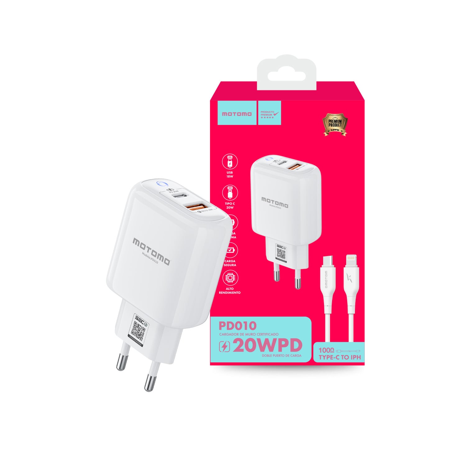 MOTOMO CARGADOR INTELIGENTE DE CARGA SÚPER RÁPIDA MOTOMO, PUERTOS USB Y TIPO-C, INCLUYE CABLE LIGHTNING
