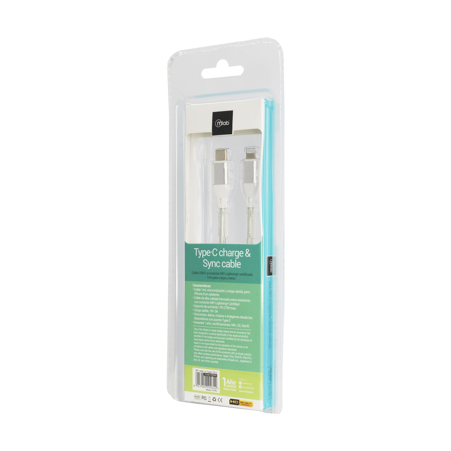 CABLE USB-C A LIGHTNING MLAB, CERTIFICADO MFI, 1 METRO, SILVER - 3