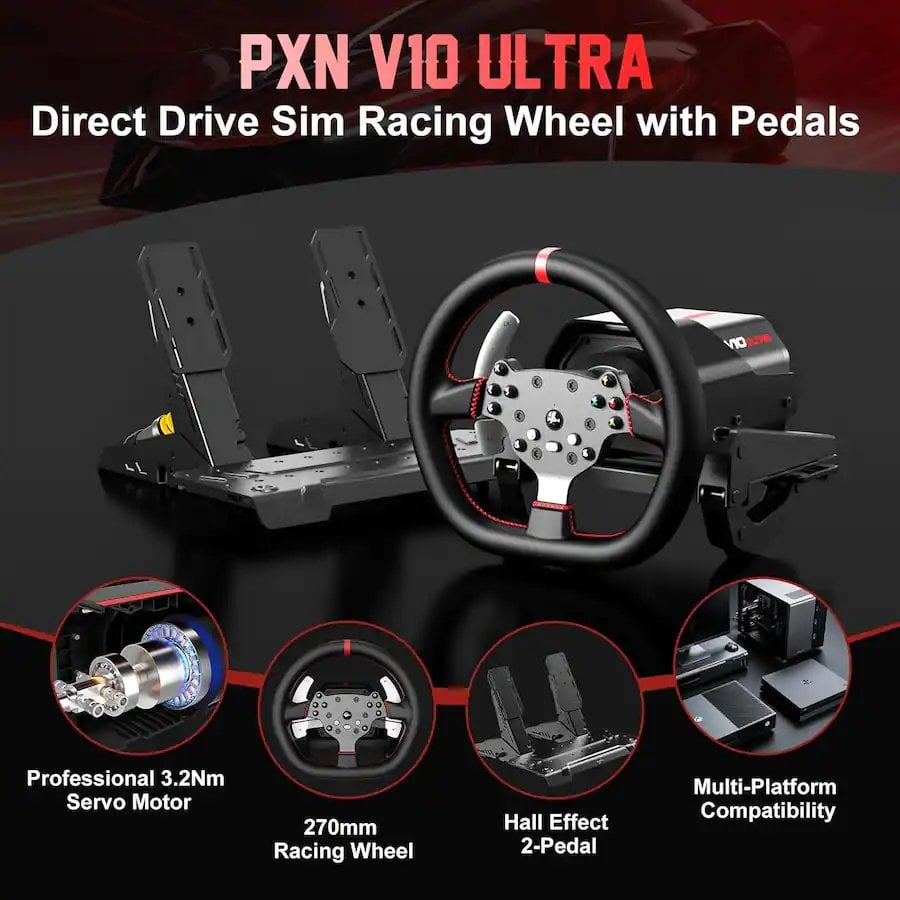 VOLANTE PXN V10 ULTRA, DIRECT DRIVE 3.2 NM, PC, PS4, XBOX ONE, XBOX SERIES X|S, INCLUYE PEDALES - 4
