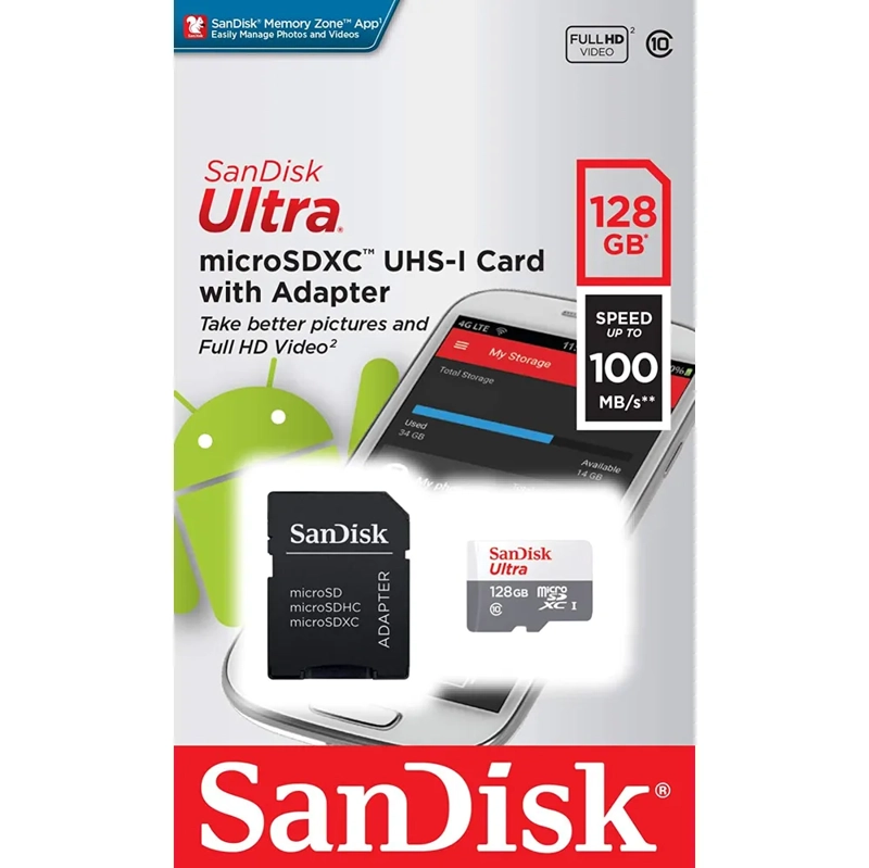 TARJETA DE MEMORIA MICROSDXC SANDISK 128GB ULTRA, UHS-I, INCLUYE ADAPTADOR SD