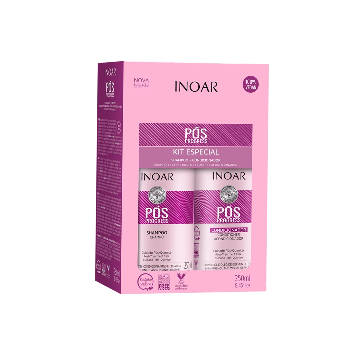 TRATAMIENTO CAPILAR INOAR POS PROGRESS SHAMPOO Y ACONDICIONADOR 250 ML C/U ROSADO - 1
