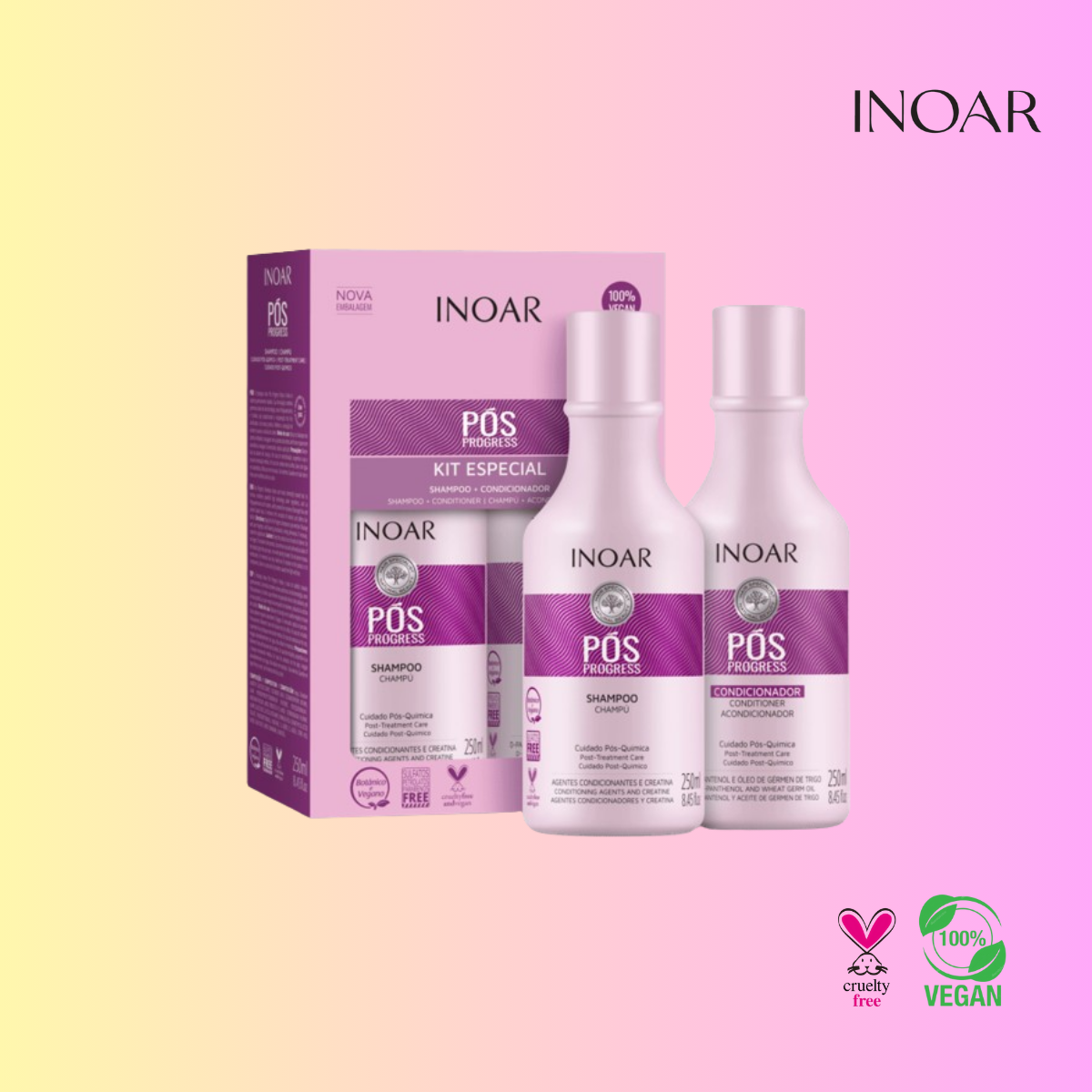 TRATAMIENTO CAPILAR INOAR POS PROGRESS SHAMPOO Y ACONDICIONADOR 250 ML C/U ROSADO - 2