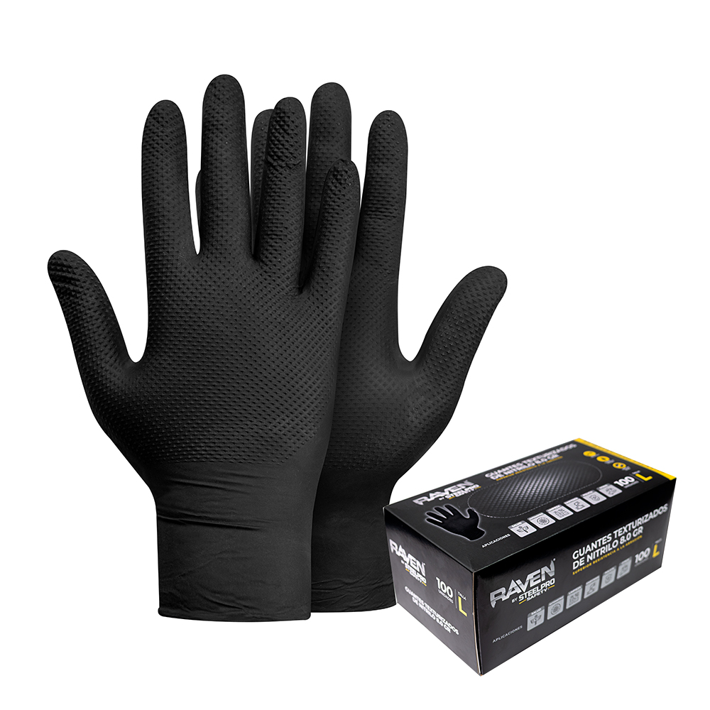 GUANTE NITRILO TEXTURIZADO NEGRO 8GR STEELPRO RAVEN 100UDS - 1