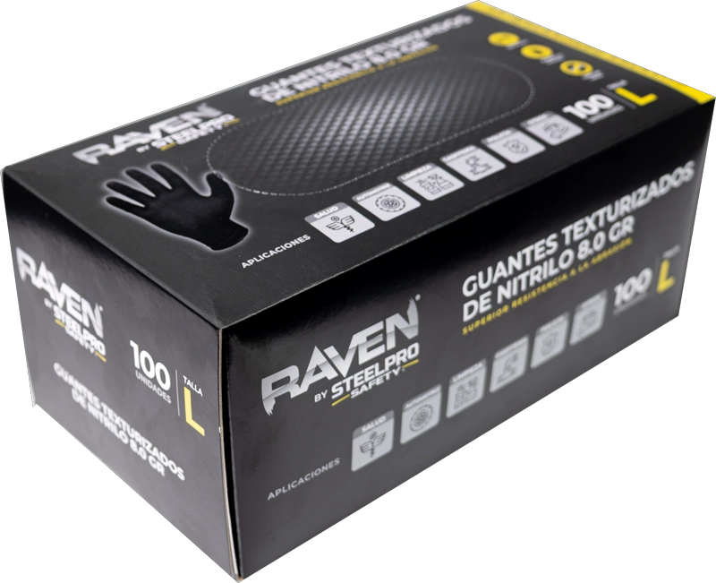 GUANTE NITRILO TEXTURIZADO NEGRO 8GR STEELPRO RAVEN 100UDS - 8