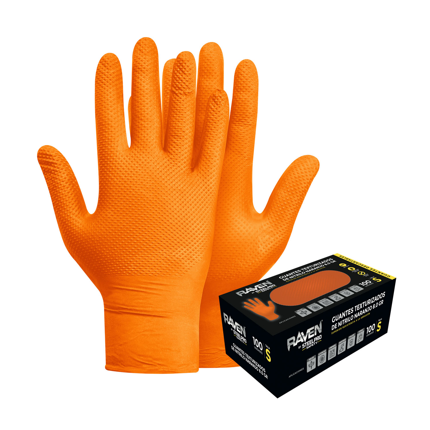GUANTE NITRILO TEXTURIZADO NARANJO 8GR STEELPRO RAVEN 100UDS - 1