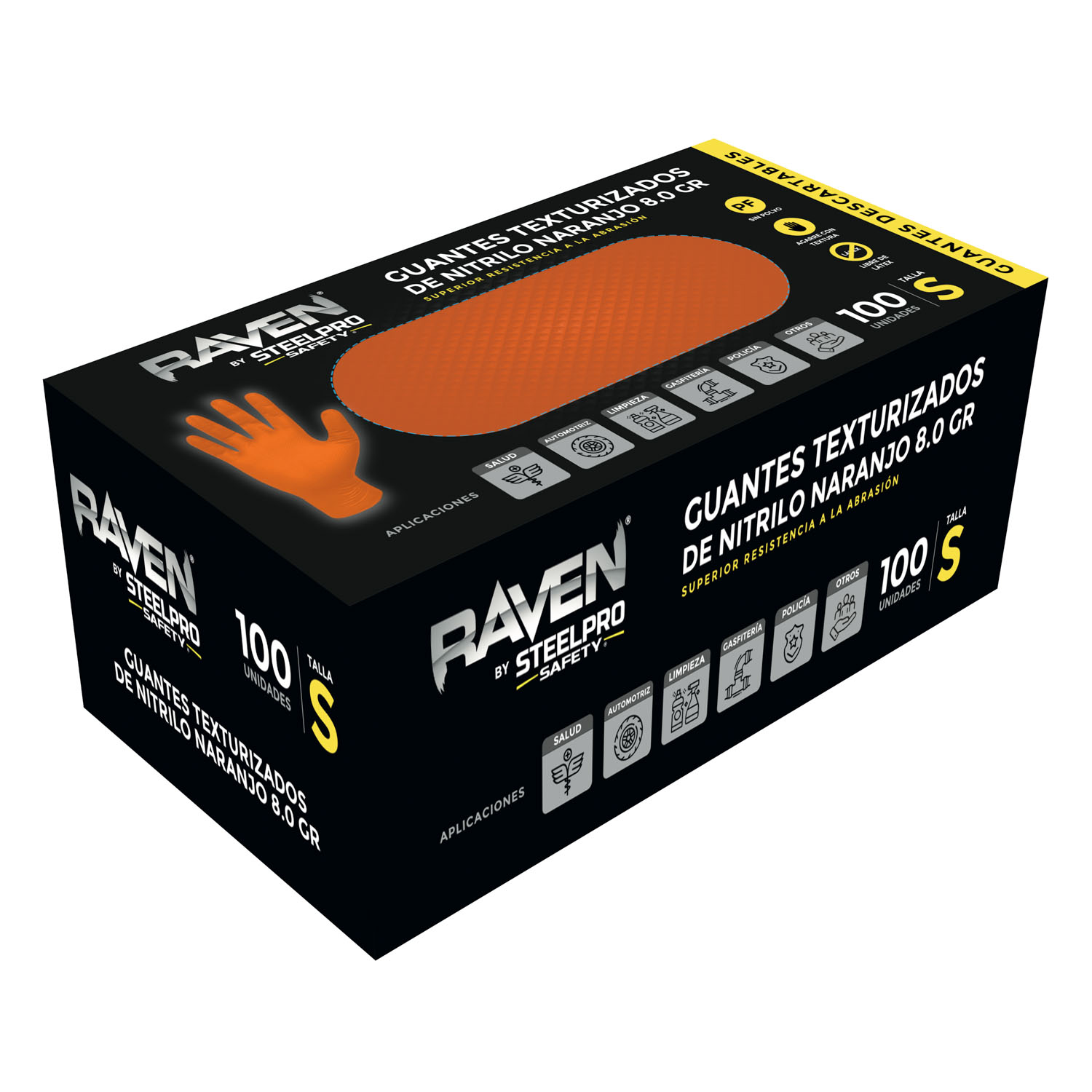 GUANTE NITRILO TEXTURIZADO NARANJO 8GR STEELPRO RAVEN 100UDS - 8