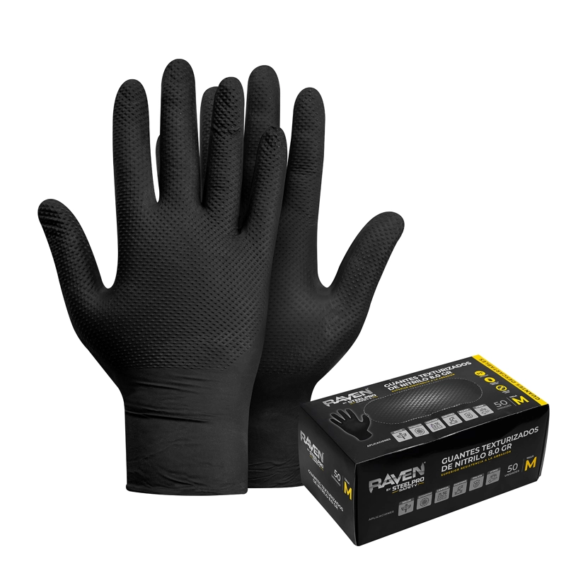 GUANTE RAVEN NITRILO TEXTURIZADO NEGRO 8 GR STEELPRO 50UND - 1