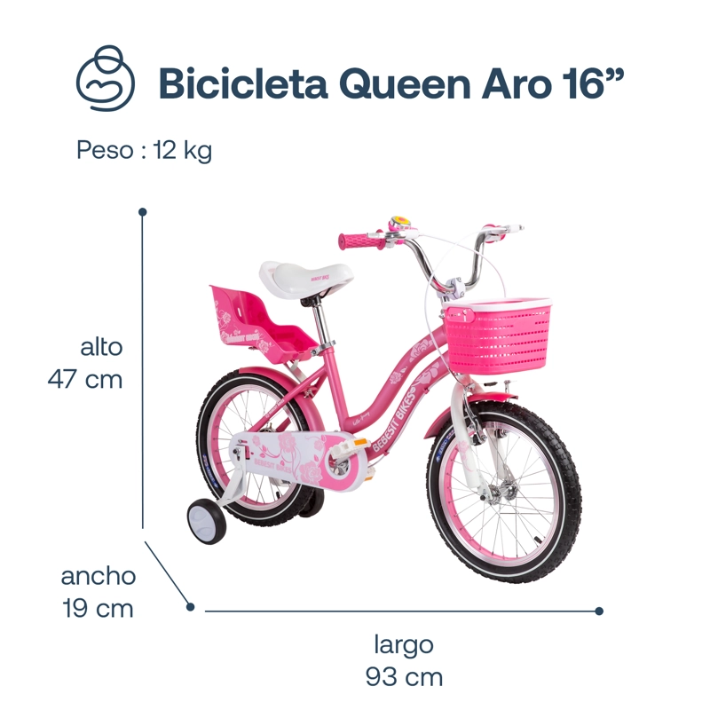BICICLETA INFANTIL QUEEN ARO 16 ROSADA BEBESIT - 8