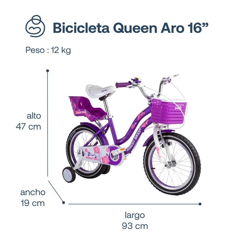 BICICLETA INFANTIL QUEEN ARO 16 MORADA BEBESIT - 3