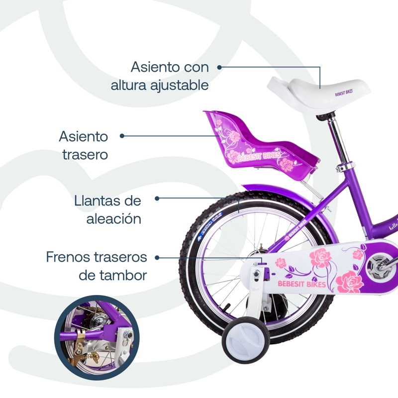 BICICLETA INFANTIL QUEEN ARO 16 MORADA BEBESIT - 5