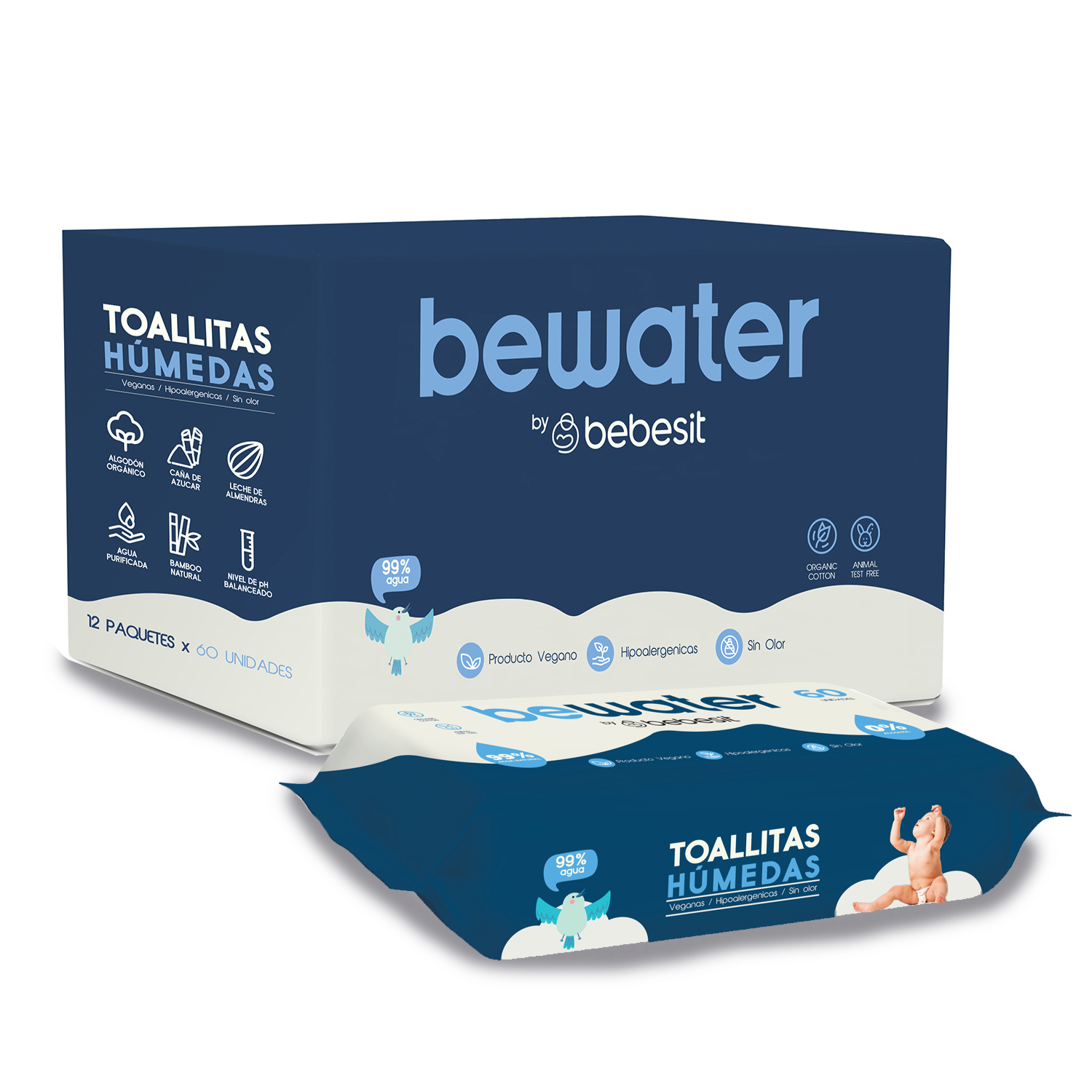 WIPES TOALLAS HUMEDAS BEWATER BEBESIT - CAJA 12X60 UNIDADES - 1