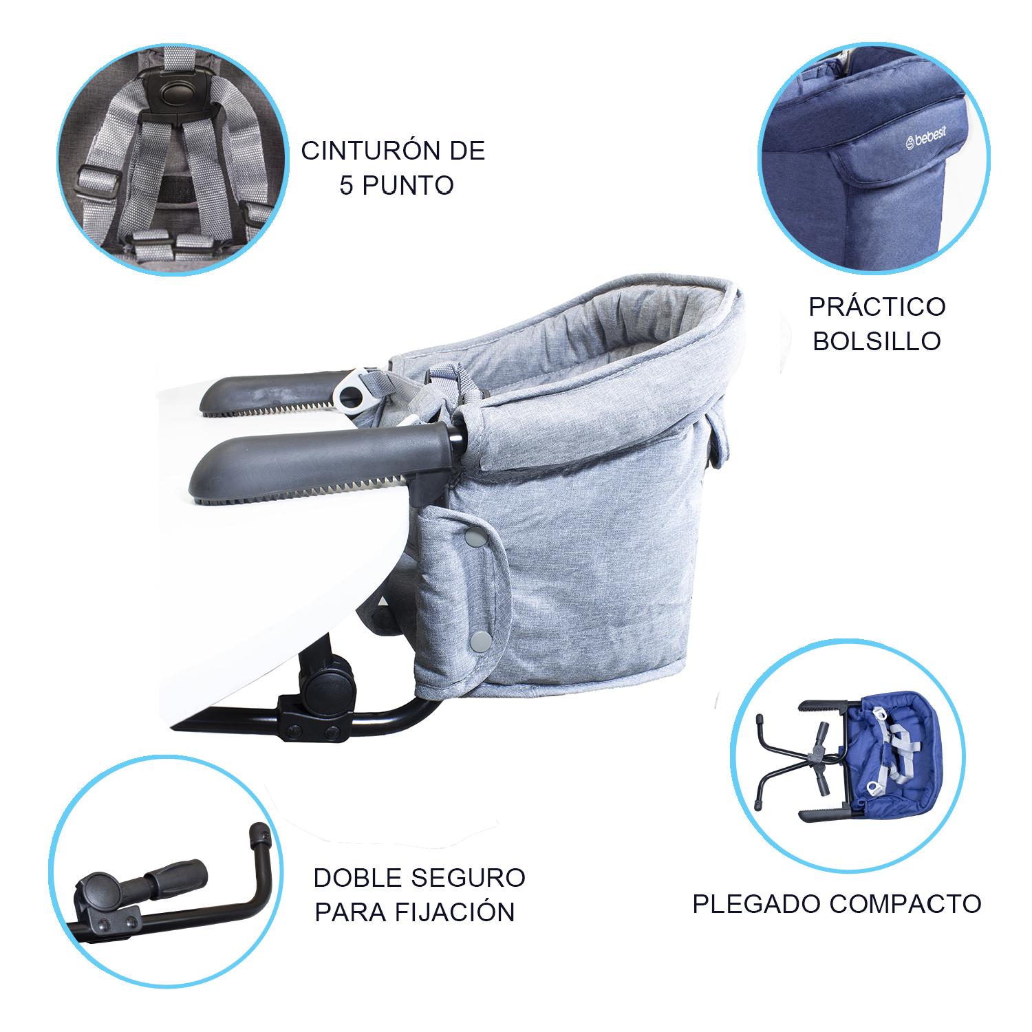 SILLA COMER BEBESIT EAT & BEAR SUJECIÓN MESA PORTABLE GRIS - 7
