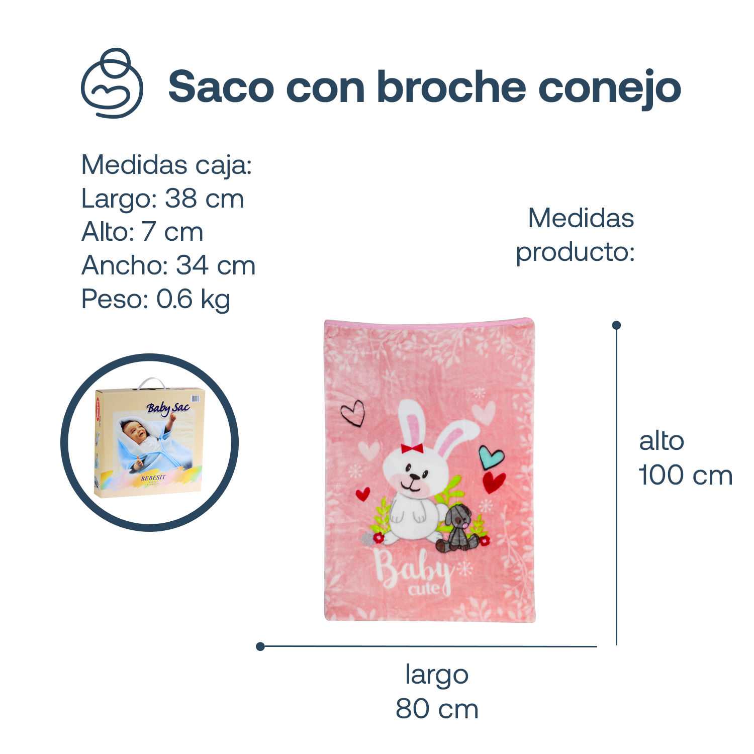 SACO BEBESIT CONEJO ROSA CON BROCHE - 7
