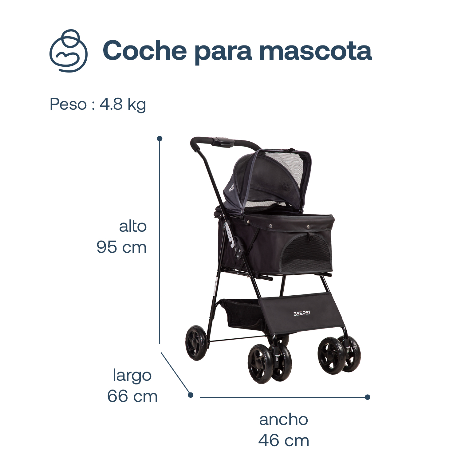 COCHE MASCOTAS PLEGABLE EASY PERRO GATO NEGRO BEEPET BEBESIT - 6