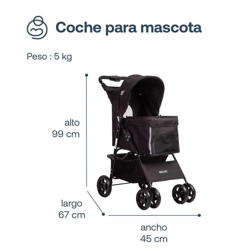 COCHE MASCOTA PLEGABLE PRO PERRO GATO NEGRO BEEPET BEBESIT - 6