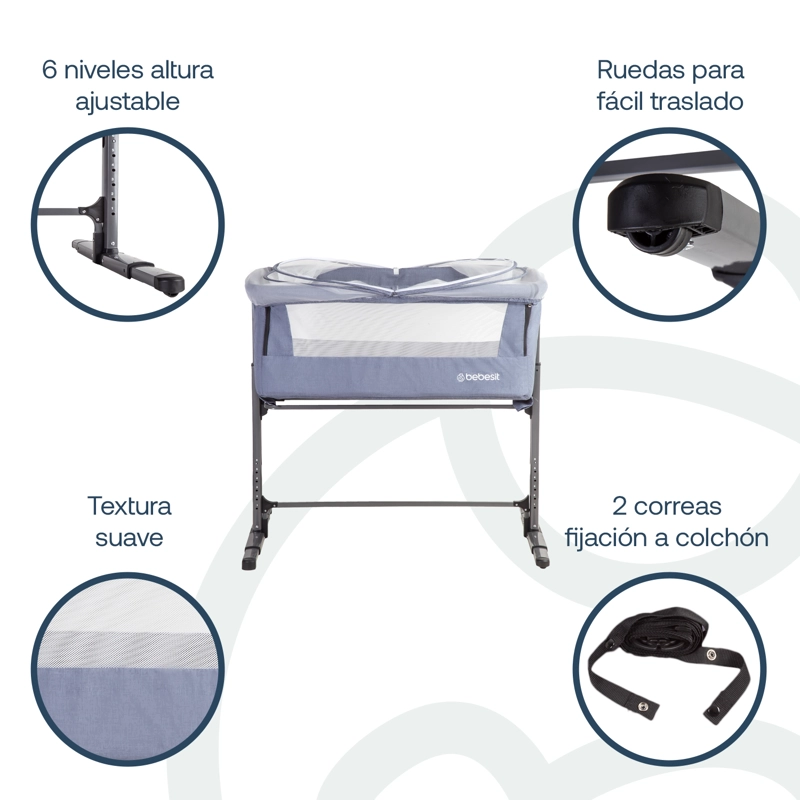 CUNA COLECHO BEBESIT ACERO AZUL CON MOSQUITERO MYSIDE LX - 3