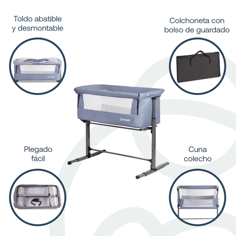 CUNA COLECHO BEBESIT ACERO AZUL CON MOSQUITERO MYSIDE LX - 4