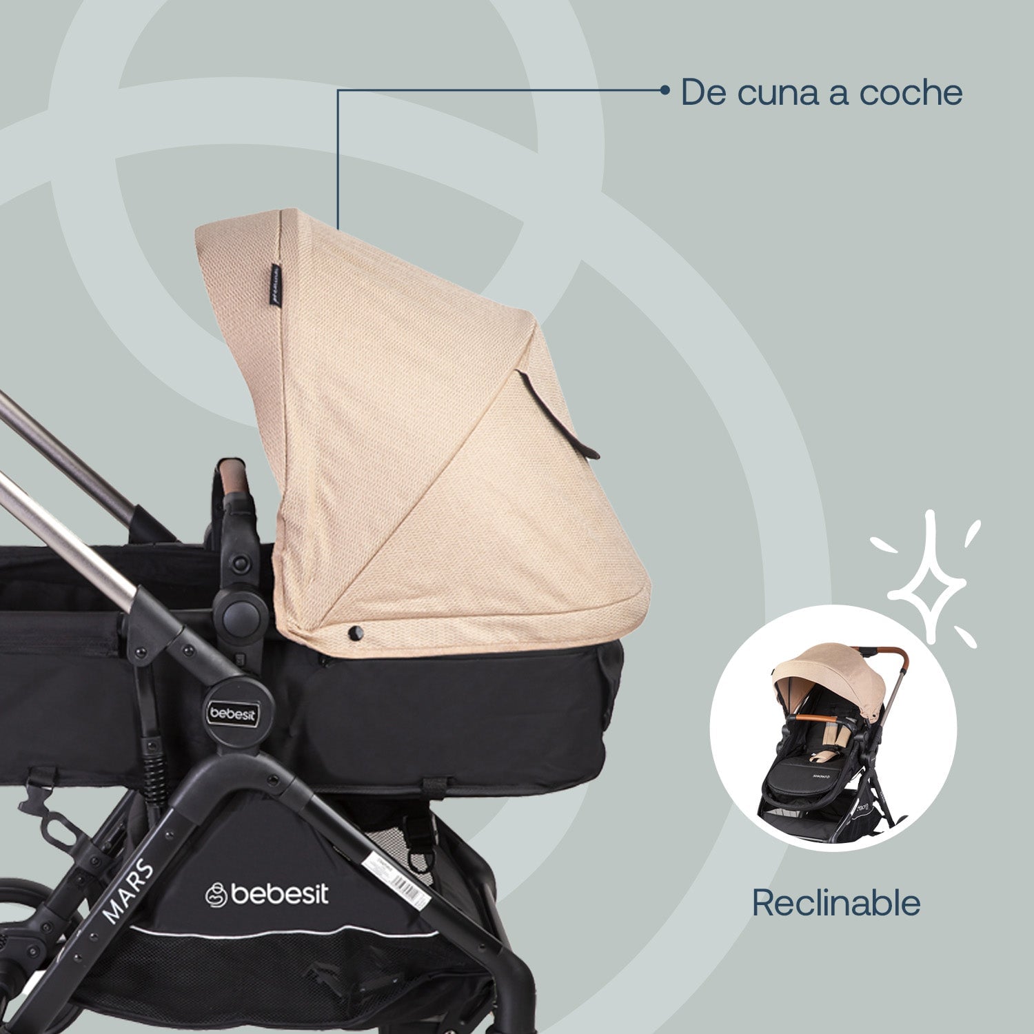 COCHE CUNA BEBESIT TRAVEL SYSTEM MARS LX BEIGE - 5
