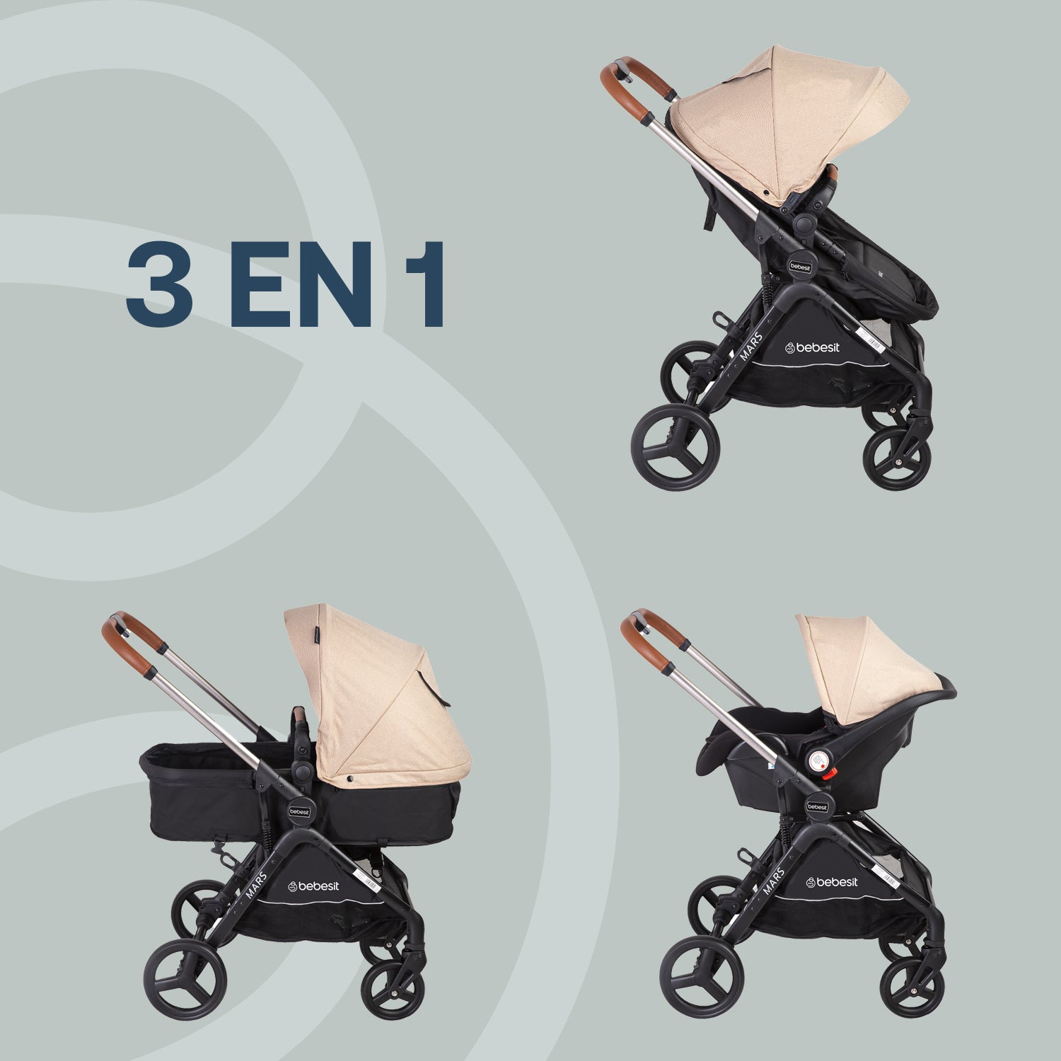 COCHE CUNA BEBESIT TRAVEL SYSTEM MARS LX BEIGE - 8