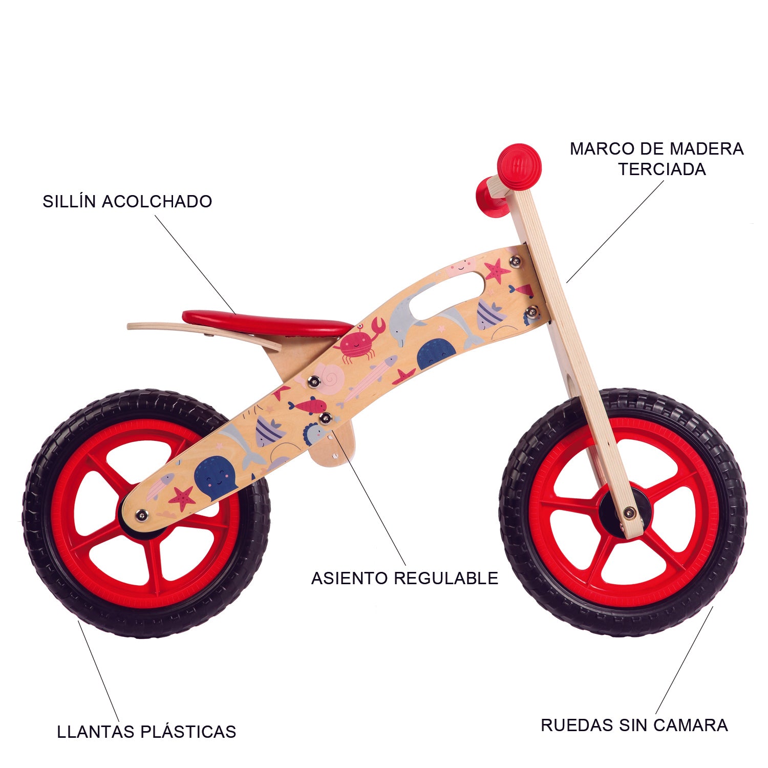 BICICLETA DE EQUILIBRIO APRENDIZAJE MADERA OCÉANO ROJO BEBESIT - 8
