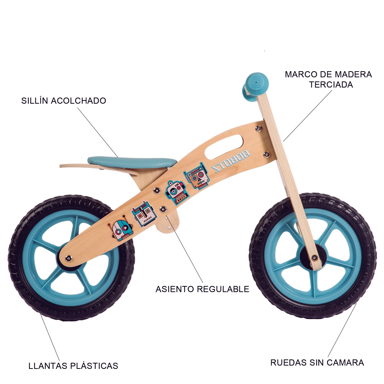 BICICLETA DE EQUILIBRIO APRENDIZAJE MADERA ROBOT CELESTE BEBESIT - 8