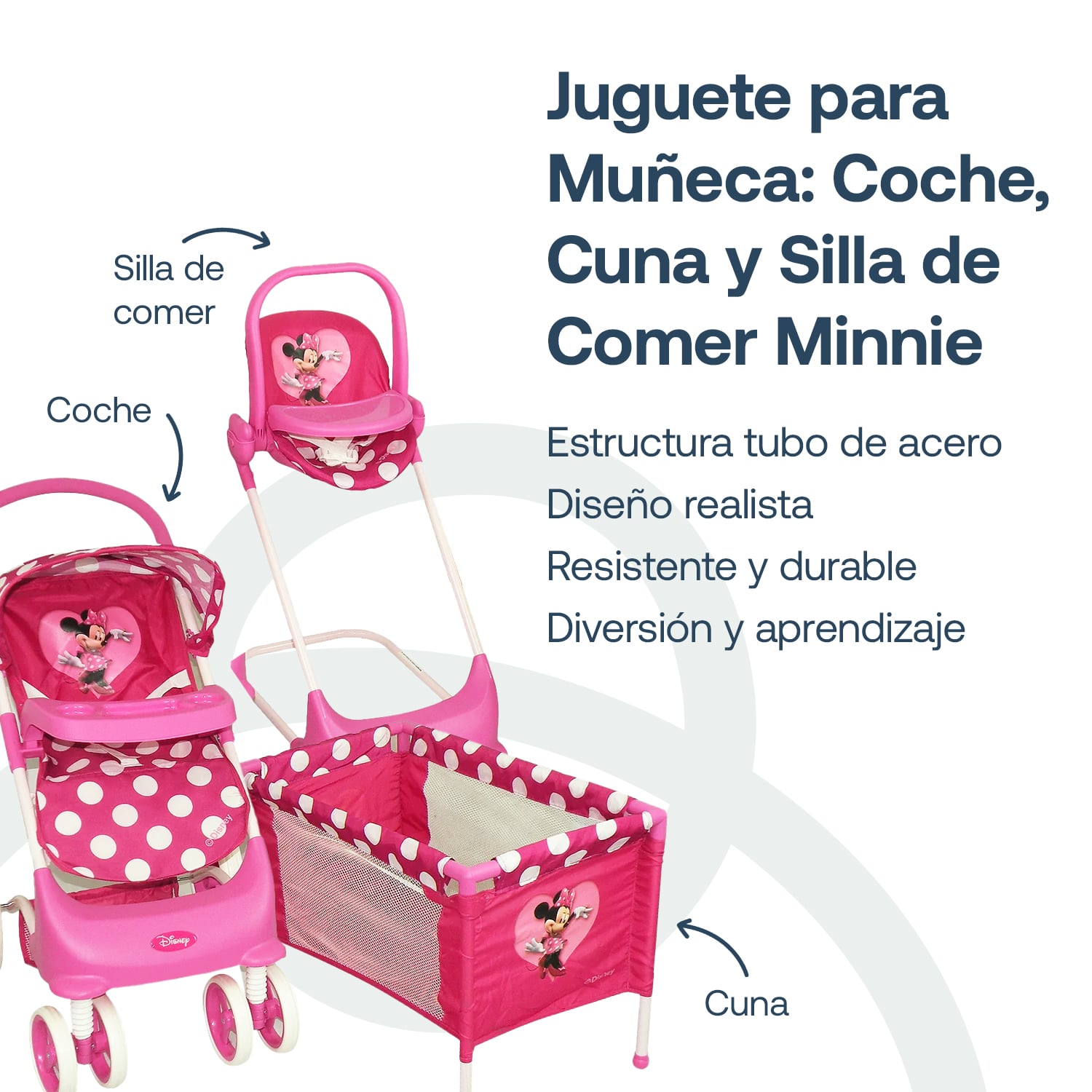 JUGUETE PARA MUÑECA COCHE, CUNA Y SILLA DE COMER MINNIE - 2