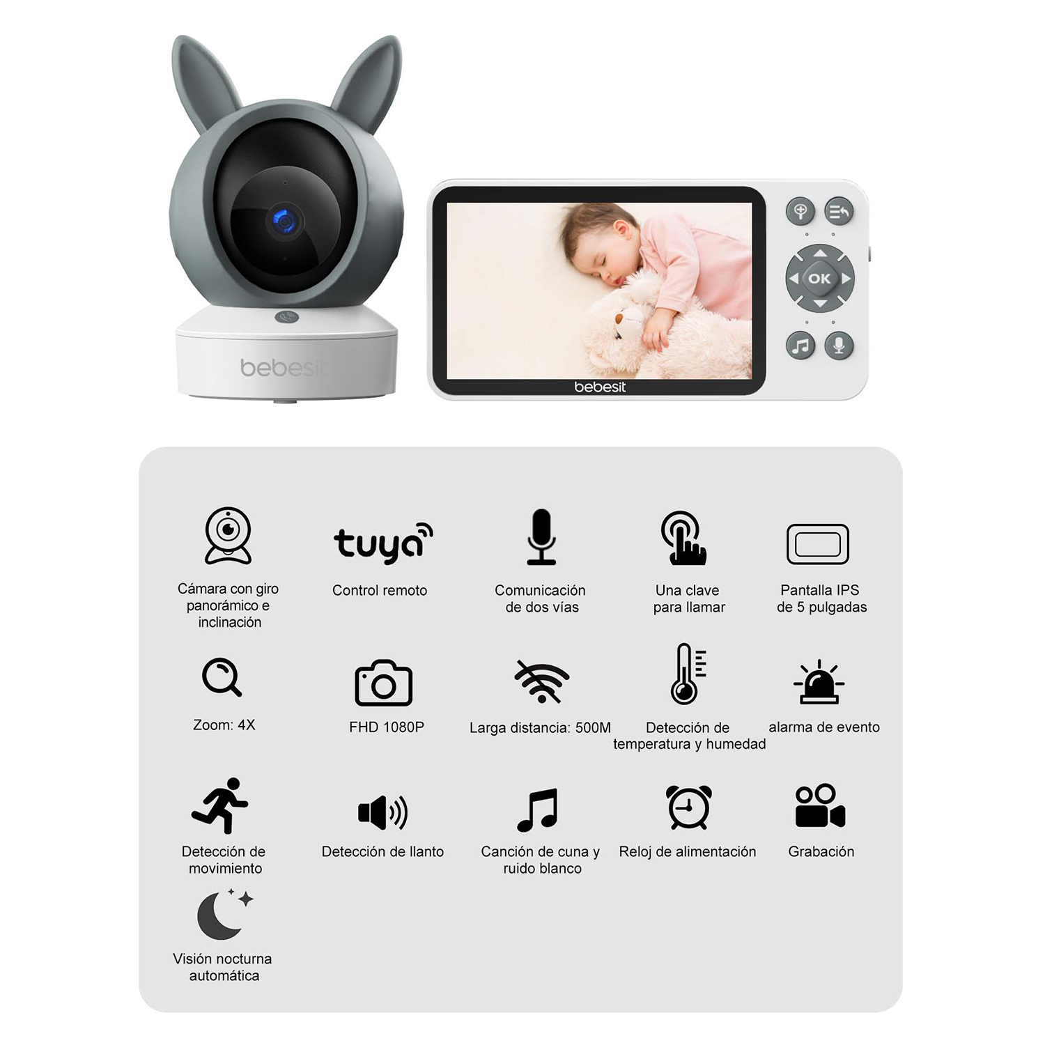 MONITOR BEBESIT CAMARA 360 SMARTGUARD HF3.0 WIFI1080P RUIDO+SOPORTE BLANCO - 5