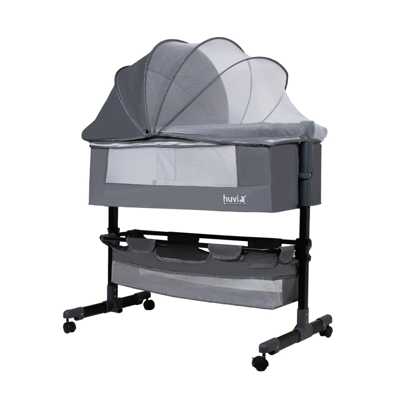 CUNA BEBESIT COLECHO COZY CON COLCHÓN MOSQUITERO Y CANASTO HUVI ACERO GRIS - 1