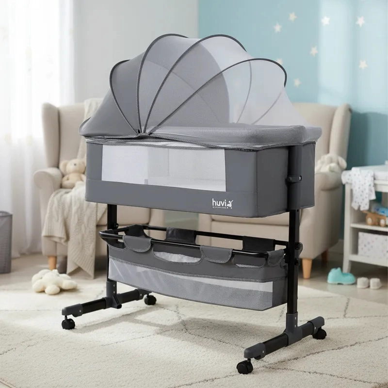 CUNA BEBESIT COLECHO COZY CON COLCHÓN MOSQUITERO Y CANASTO HUVI ACERO GRIS - 2