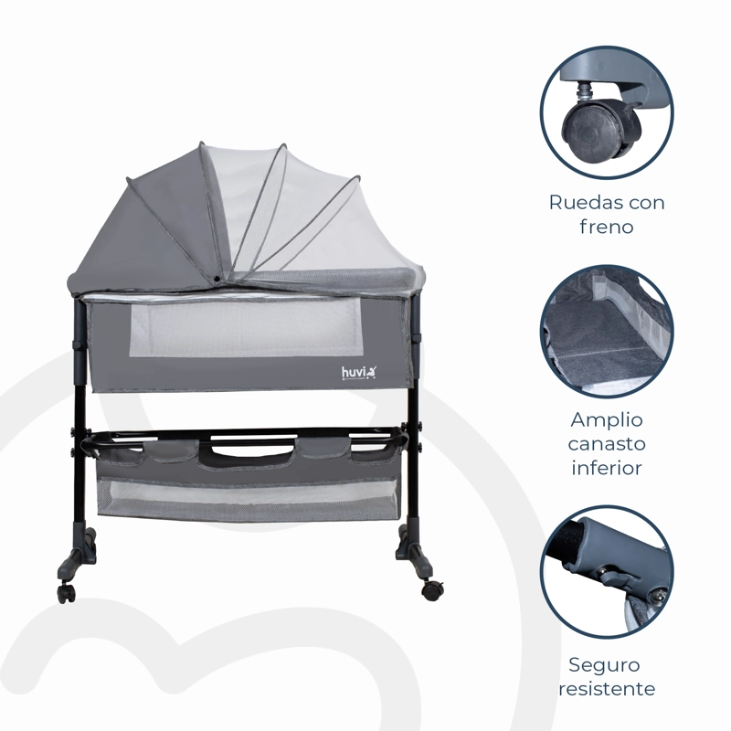 CUNA BEBESIT COLECHO COZY CON COLCHÓN MOSQUITERO Y CANASTO HUVI ACERO GRIS - 5