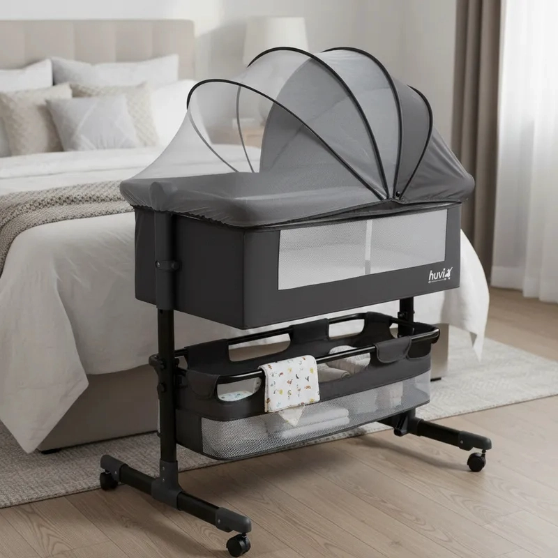 CUNA BEBESIT COLECHO COZY CON COLCHÓN MOSQUITERO CANASTO HUVI ACERO NEGRO - 2
