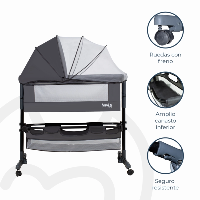 CUNA BEBESIT COLECHO COZY CON COLCHÓN MOSQUITERO CANASTO HUVI ACERO NEGRO - 5