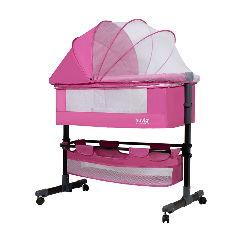 CUNA BEBESIT COLECHO COZY CON COLCHÓN MOSQUITERO Y CANASTO HUVI ACERO ROSADO - 1