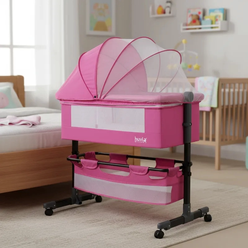 CUNA BEBESIT COLECHO COZY CON COLCHÓN MOSQUITERO Y CANASTO HUVI ACERO ROSADO - 2