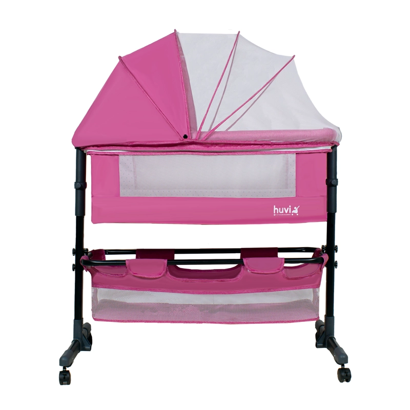 CUNA BEBESIT COLECHO COZY CON COLCHÓN MOSQUITERO Y CANASTO HUVI ACERO ROSADO - 3