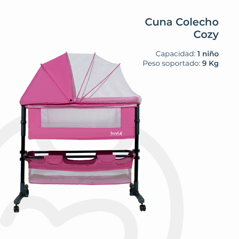 CUNA BEBESIT COLECHO COZY CON COLCHÓN MOSQUITERO Y CANASTO HUVI ACERO ROSADO - 4