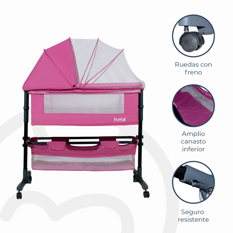 CUNA BEBESIT COLECHO COZY CON COLCHÓN MOSQUITERO Y CANASTO HUVI ACERO ROSADO - 5