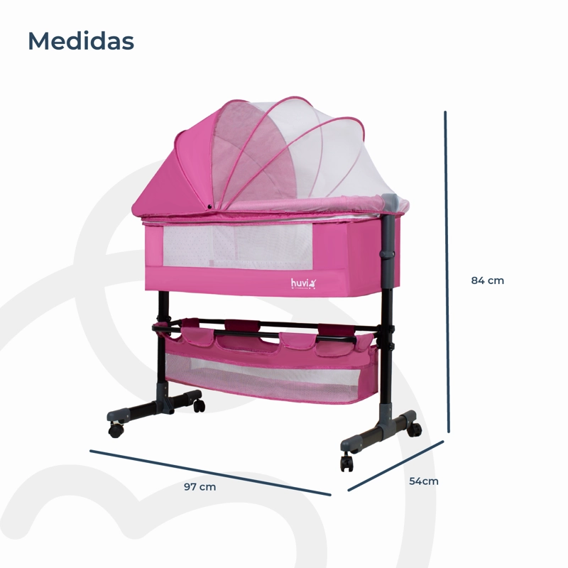 CUNA BEBESIT COLECHO COZY CON COLCHÓN MOSQUITERO Y CANASTO HUVI ACERO ROSADO - 9