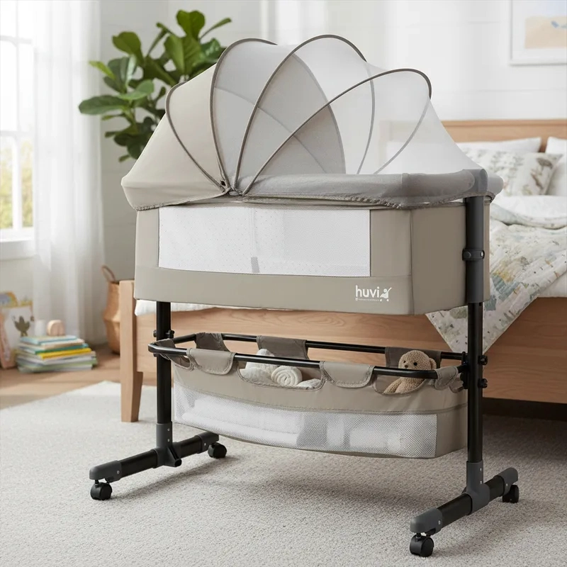 CUNA BEBESIT COLECHO COZY CON COLCHÓN MOSQUITERO CANASTO HUVI ACERO BEIGE - 2