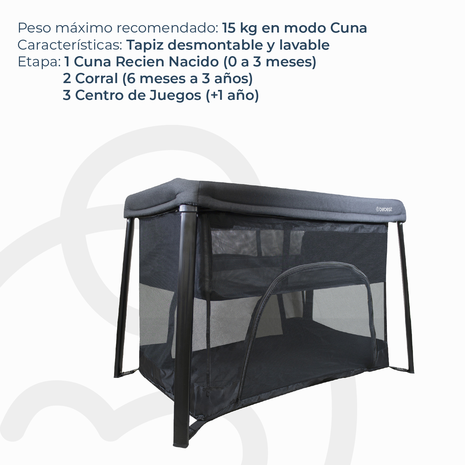 CUNA CORRAL 3 EN 1 ECLIPSE SAFE & SLEEP NEGRO BEBESIT - 6