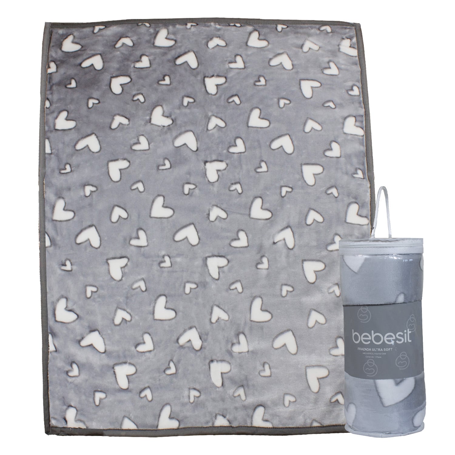 FRAZADA ULTRA SOFT CORAZONES 110X140CM GRIS BEBESIT - 1
