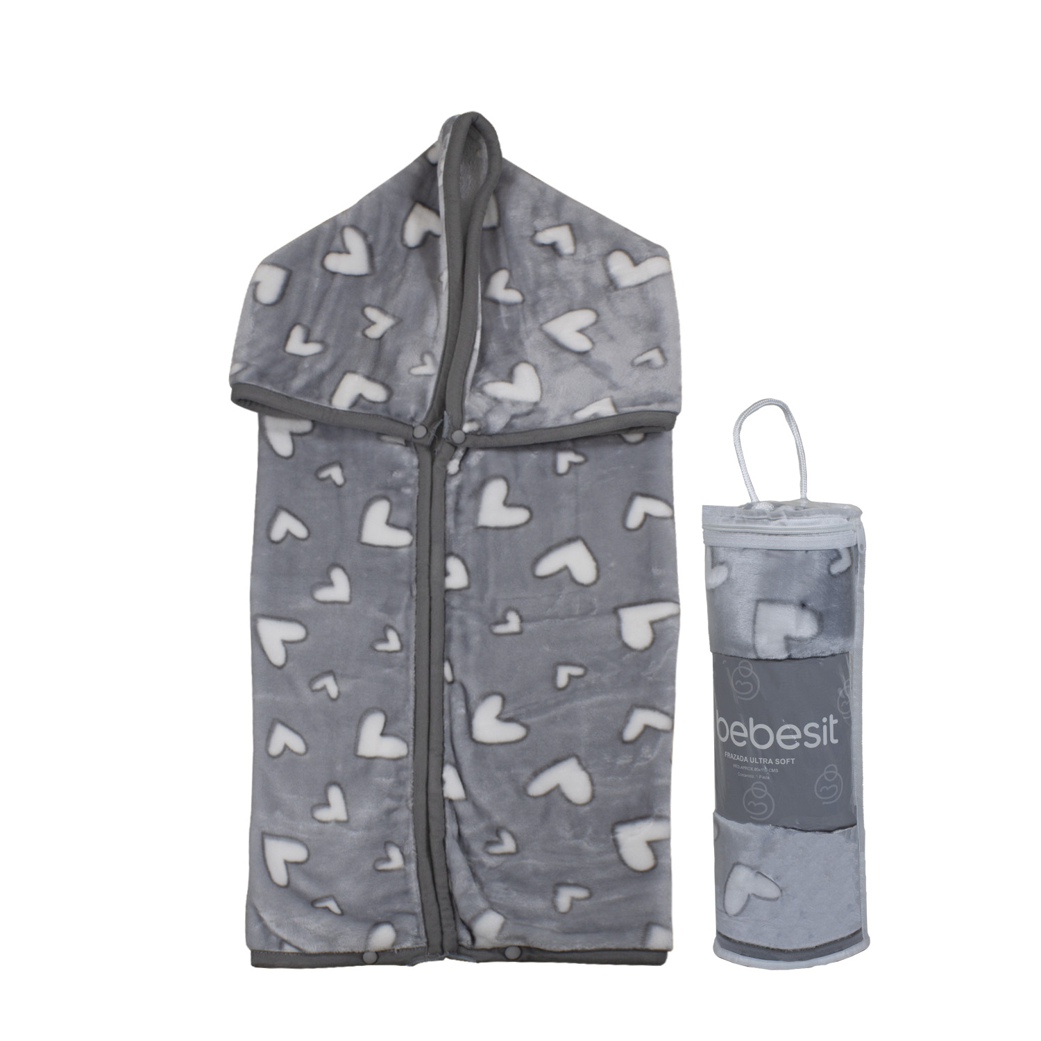 SACO CON BROCHE ULTRA SOFT CORAZONES 80X110CM GRIS BEBESIT - 2