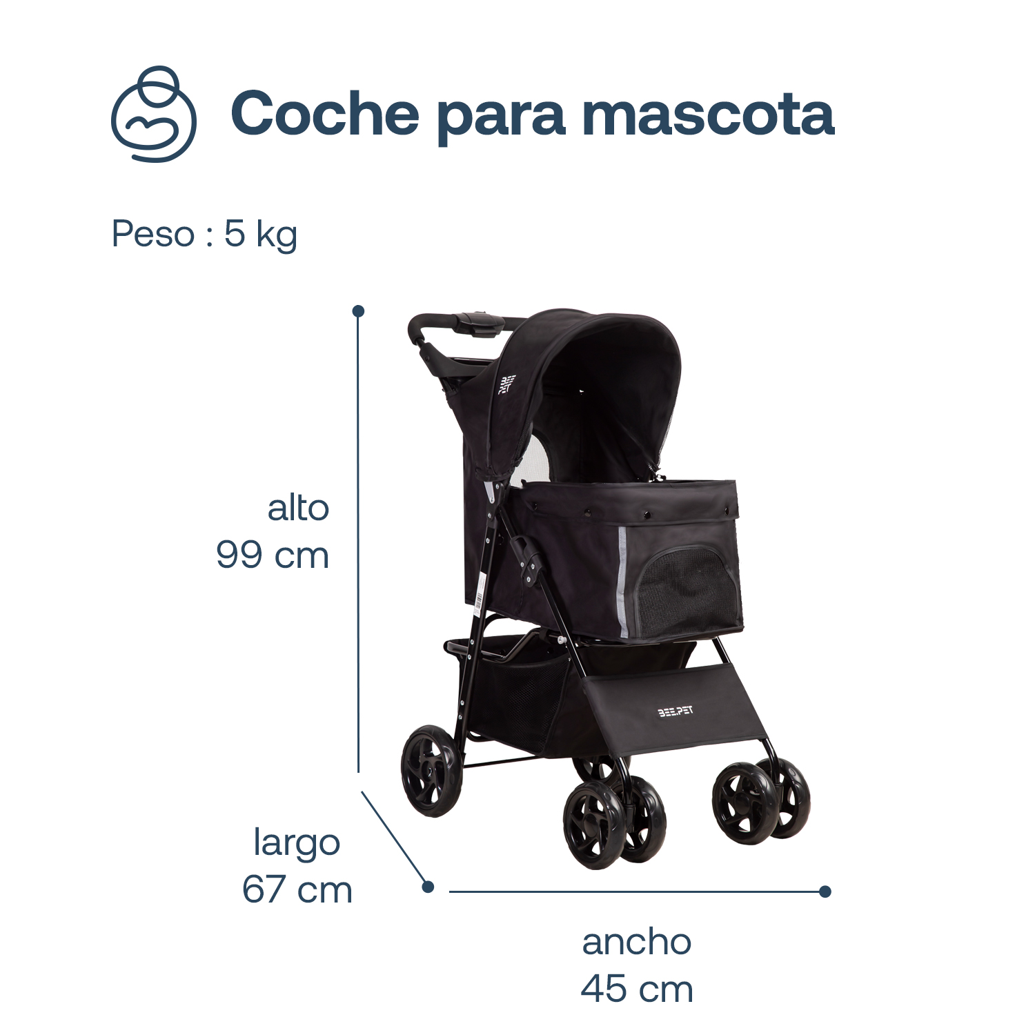 COCHE MASCOTA PLEGABLE PRO PERRO GATO EN COLOR NEGRO BEEPET BEBESIT - 6